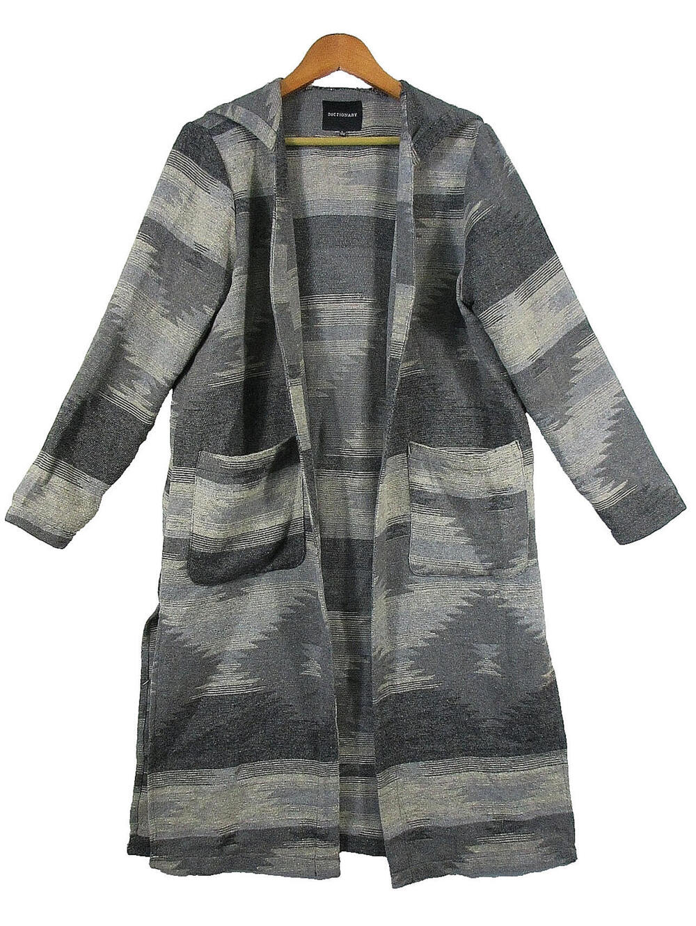 Dictionary Womens Hooded Open Front Cardigan Sweater Geometric Print Size L Gray